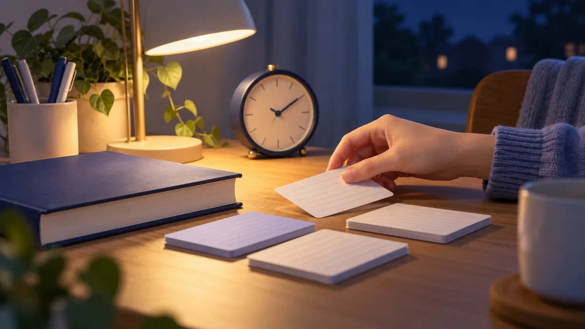 Lernkarten und Uhr auf einem Schreibtisch am Abend