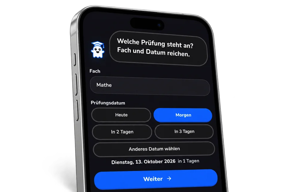 Prüfung anlegen: Mathe und Prüfungstermin im App-Beispiel.