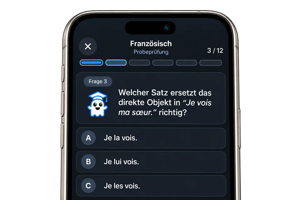 Probeprüfung in Französisch mit einer Frage und drei Antwortmöglichkeiten.