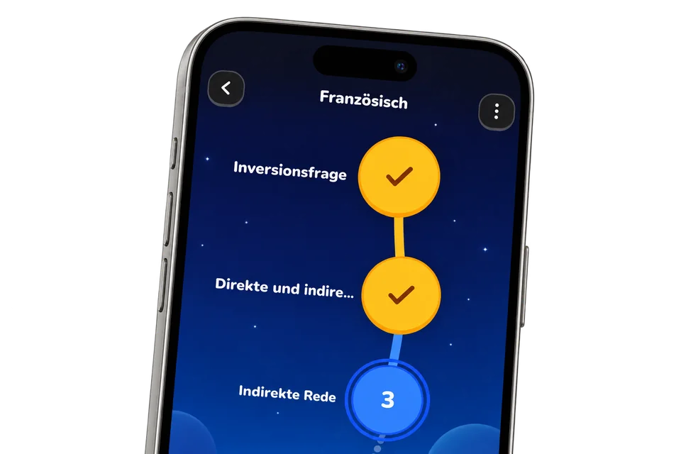 Französisch-Lernpfad mit Themen und markierten Lernschritten.